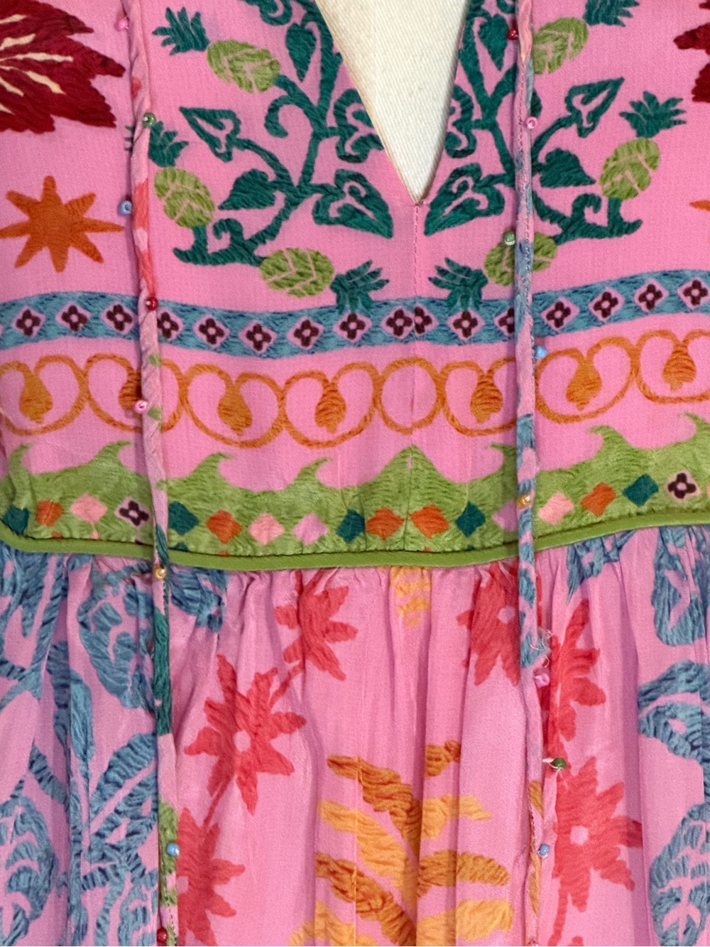 FARM RIO Pink Fruits Queen Scarf Midi
Dress Boho Floral Tropical XL Beaded Flowy - Picture 12 of 15